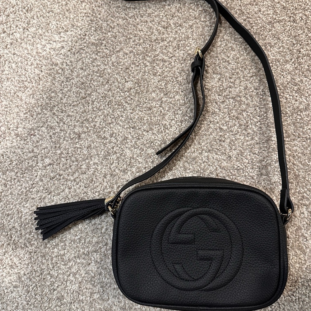 Designer Inspired Black Pebbled Leather Crossbody Bag with Tassel